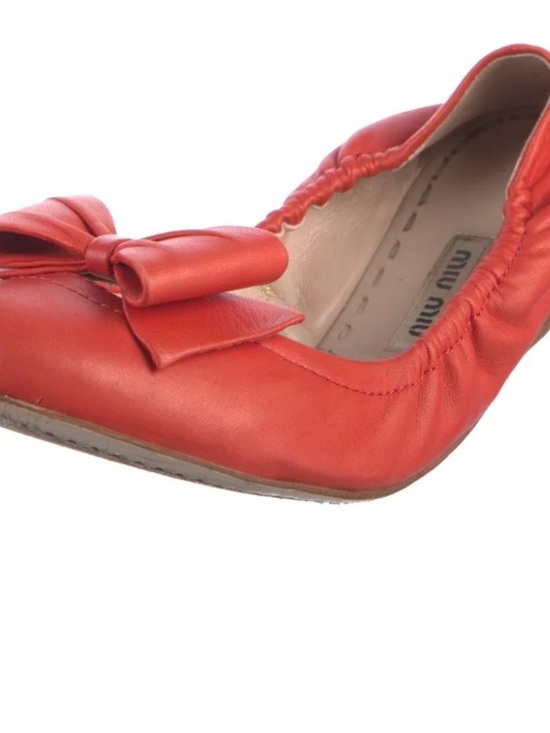 Miu Miu Shoes - Miu Miu Coral Red Bow Leather Ballet Flat